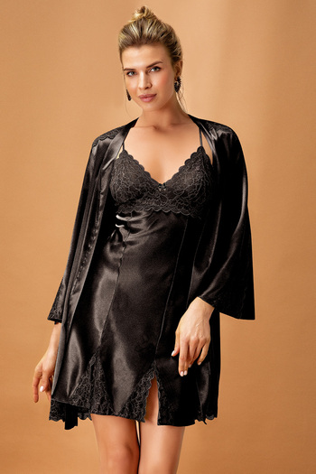 QKK Women's Black Satin Kimono Set
