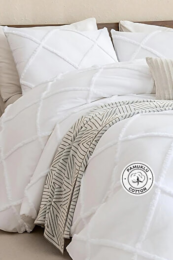 Evlen Home Collection Double Casual Bed Set - Cotton, Aimar Embossed, 3 Pieces, Padded, Cream White
