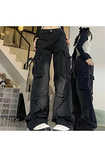 Köstebek Black Star Patched Vintage Cargo Pocket Baggy Jeans