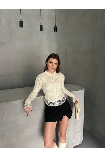 asur boutique Asur Boutique Women's Lace Detailed Cardigan - Inside Shows Buttoned