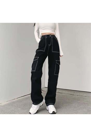 Köstebek Black Reverse Stitch Detailed Cargo Pocket Trousers
