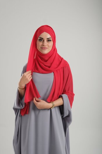 HÜRREM BONE Practical Red Chiffon Boned Bonnet Shawl - Single Band, Snap 1453_31