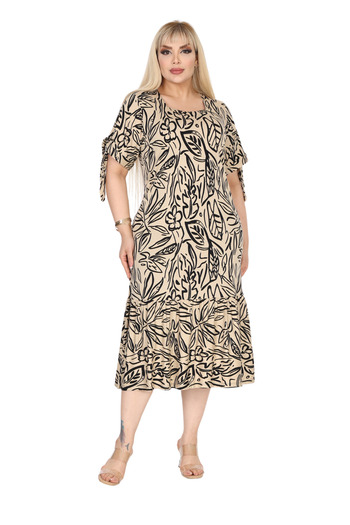 MELSAY Women's Square Neck Short Sleeve Sleeves Rope Lacing Beige Leaf Leaf Pattern Dress