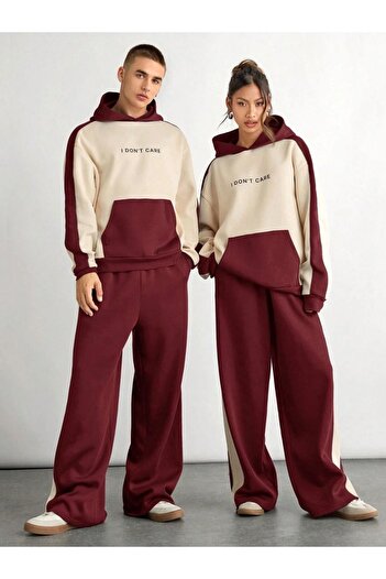 Trendseninle Claret Red Beige Γυναικεία και Ανδρικά Σετ Φόρμας - Σετ Ζευγάρι 2 τεμαχίων