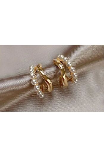 Charmeda Accessory & Boutique Charmeda İncili Halkalı Çift Sıra Altın Renk Küpe