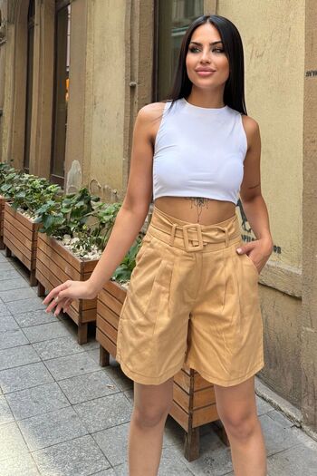 Juuuj Women's Camel Belted High Waist, Imported Fabric, Long Comfortable Pleated Shorts