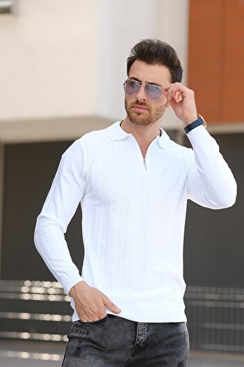 Oksit Vilnius Slim Fit Men's Knitwear - Striped Shirt Collar, Half Zipper