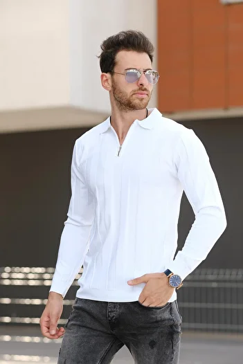 Oksit Vilnius Slim Fit Men's Knitwear - Striped Shirt Collar, Half Zipper
