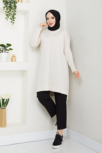 Pamuk Butik Κρεμ Χρώμα Γυναικείο Πλεκτό Πουλόβερ Τουνίκ - Mercerized