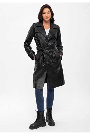Deriderim Black Cassie Slit Lined Belted Trench Coat Women's Genuine Leather Coat