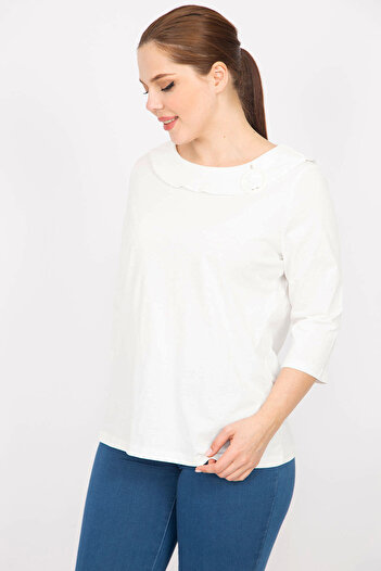 Şans Women's Plus Size Bone Cotton Fabric Collar Trim Buckle Capri Sleeve Blouse 65N38724