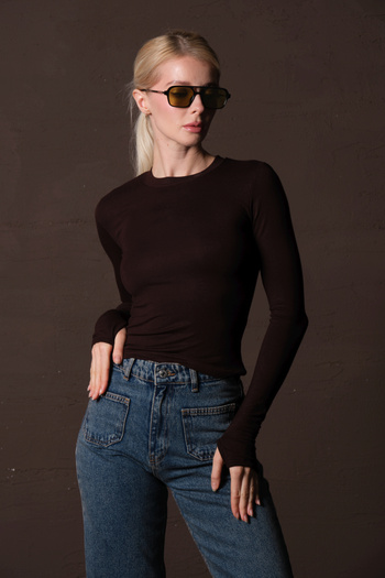 Domoda Brown Viscose Breathable Flexible Crew Neck Soft Long Sleeve Women's Blouse @Palencia