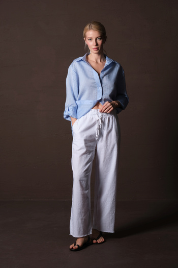 Maule White Cotton Elastic and Gathered Relaxed Cut Cut Ankle Summer Women's Trousers @Portofino