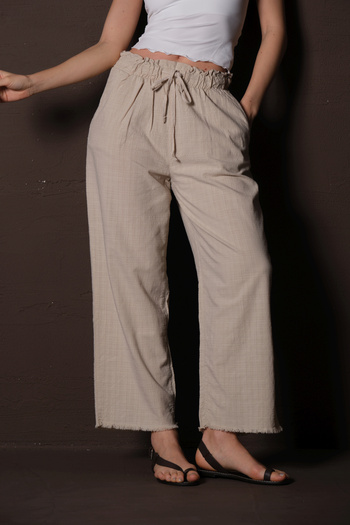 Maule Beige Cotton Elastic and Gathered Relaxed Cut Cut Ankle Summer Women's Trousers @Portofino