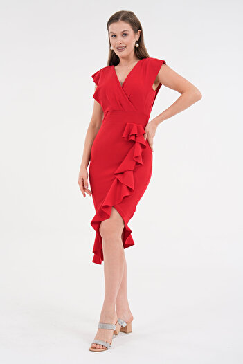 vuvutasarım Crepe Stretchy Fabric Double Breasted Neckline Flounced Midi Women's Evening Dress Graduation Dress 583160