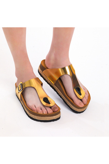 Moosefield Genuine Leather Straw Sole Gold Women's Slippers