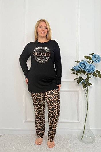 tarzımsüper Women's Plus Size Letter Printed Long Sleeve Black Leopard Bottom Top Pajamas Set