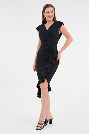vuvutasarım Crepe Stretchy Fabric Double Breasted Neckline Flounced Midi Women's Evening Dress Graduation Dress 583160
