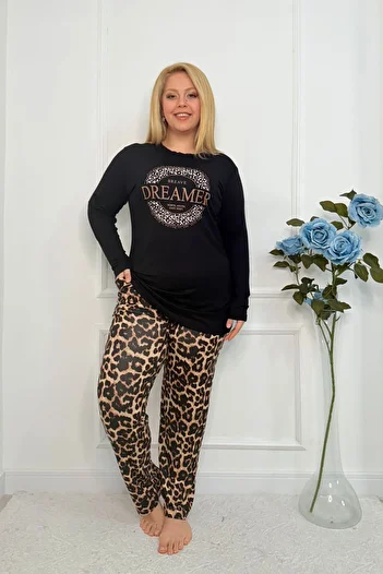 tarzımsüper Women's Plus Size Letter Printed Long Sleeve Black Leopard Bottom Top Pajamas Set