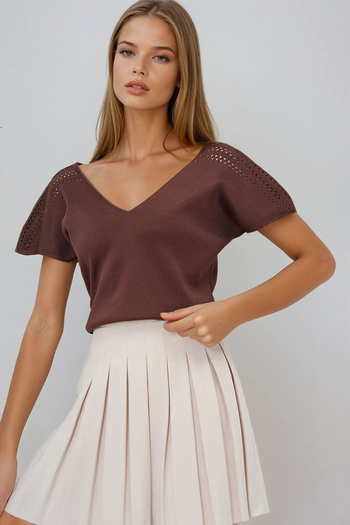 VAGGON Women's Blouse and Knitwear Set - Milky Brown Front Back V-Neck Openwork Shoulder