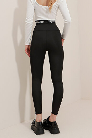 VAGGON Women's Black Ring Zipper Detailed Matte Textured High Waist Leggings