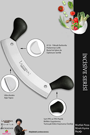 LAZBİSA İncisive Serisi Mutfak Bıçak Seti Satır Zırh Pizza Kıyma Doğrayıcı Çift Tutmalı Ergonomik
