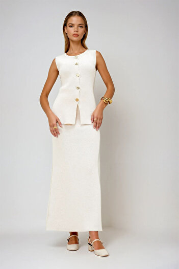 VAGGON Women's Stone Gold Button Detailed Long Knitwear Vest and Skirt Set