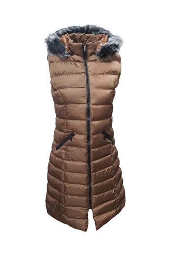 KASİDE Moon Bilge A1015 - Women's Fur Hooded Long down Vest, Brown - St01336-Brown-44
