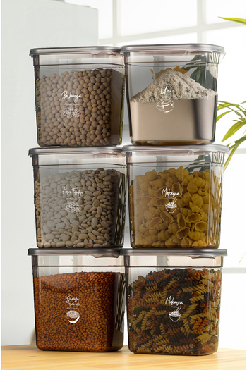 Vienev Set of 6 Maxi Size Peggy Long Rectangular Storage Container with White Screen Printing Label 2 Liters Anthracite