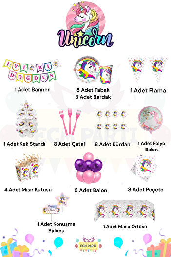 ECM PARTI Unicorn Themed Maxi Birthday Party Set for 8 People