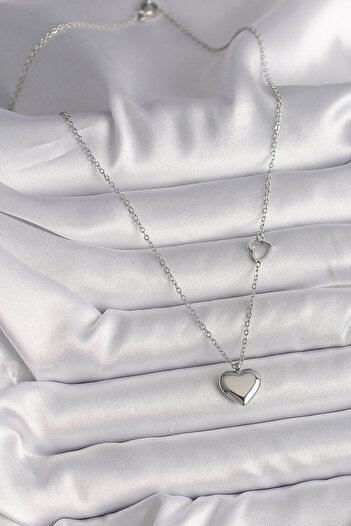 Moka Shopin Mokashopin 316L Steel Silver Color Chain Heart Detail Heart Figure Women's Necklace