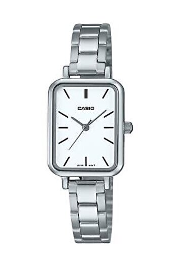 Casio ساعة يد نسائية باللون الفضي مع قرص أبيض