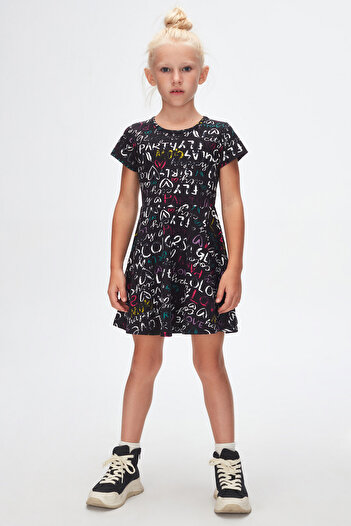 LOVETTI Black Girls' Glasgow Pattern Short Sleeve Flared Skirt Dress