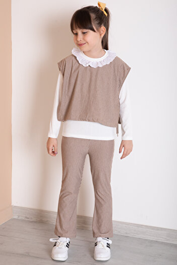 Cansın Mini Brown Plaid Patterned Sweater and Trousers for Girls 3-Piece Set 20372
