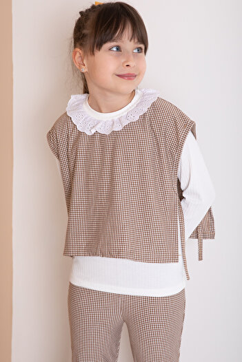 Cansın Mini Brown Plaid Patterned Sweater and Trousers for Girls 3-Piece Set 20372