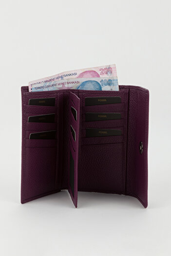 Fossil Boxed Genuine Leather Plum Medium Size Multi-Eye Women's Hand Portfolio Card Holder Wallet