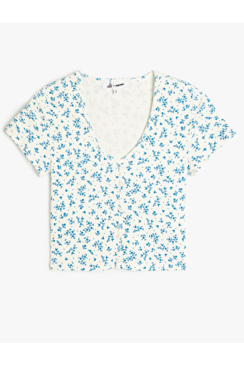 Koton V-Neck Button Floral Print Slim Fit Crop T-Shirt