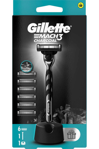 Gillette Mach 3 Charcoal Shaver + 6 up Replacement Razor Blades + Premium Stand
