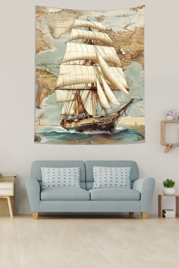 on the clouds Ancient World Map Sailboat Stain Resistant Fabric Wall Cover Wall Tapestry
