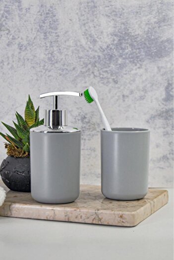 Saban Gray Set of 2 - Toothbrush Holder and Liquid Soap Dispenser