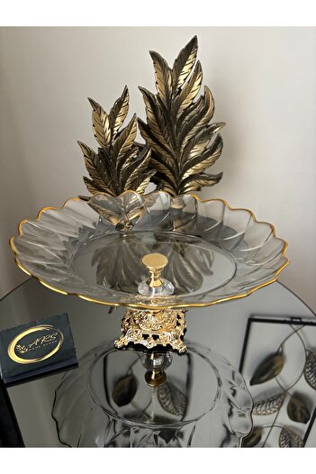ARS COLLECTION Pasabahce Metal Leg Decorative Gold Gilded Plate Oval Bowl, Presentation Gift Decor Boat Plate