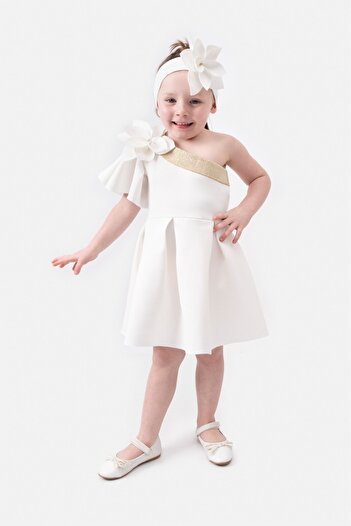 Magu Girl's Diving Fabric Pink Floral Bandal One Shoulder Dress