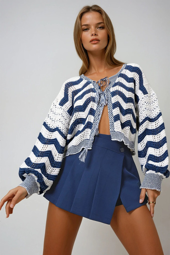 VAGGON Women's Navy Blue Bow Tie Striped Knitted Cardigan