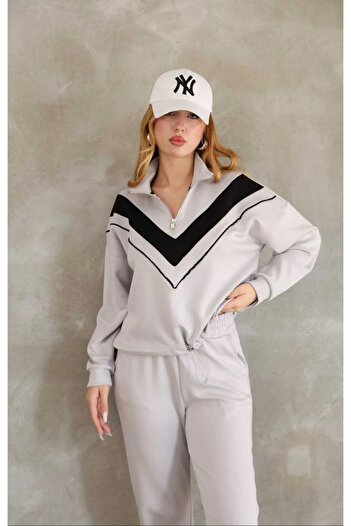 02Lady Fashion Stand Collar Half Zipper Garnished Modal Fabric Set