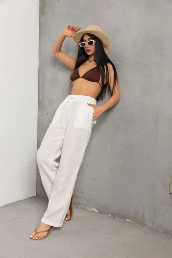 Maule White Muslin Fabric - 100% Cotton, Wide Cut, Lace-up Elastic Pocket Women's Trousers @lugo