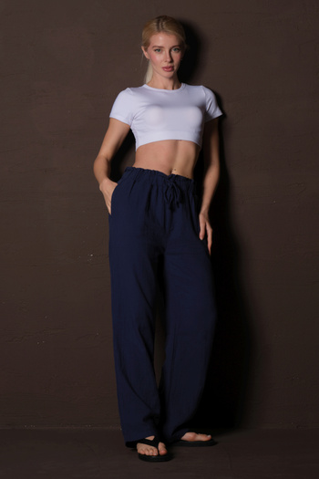 Maule Navy Blue 100% Cotton Muslin Fabric Wide Cut Lace up Elastic Pocket Women's Trousers @Lugo