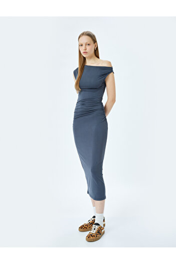 Koton Asymmetrical Neckline Off-The-Shoulder Short Sleeve Draped Viscose Midi Dress