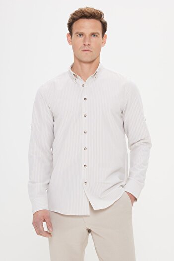AC&Co / Altınyıldız Classics Μπεζ Slim Fit Oxford Seersucker με σχέδιο εύκαμπτο πουκάμισο - γιακά με κουμπιά