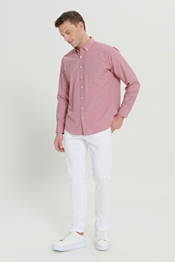 AC&Co / Altınyıldız Classics Red Cotton Men's Shirt - Comfort Fit, Relaxed Fit, Hidden Button Collar
