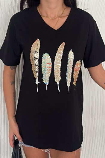 FEMELLE Tricou negru pentru femei, cu decolteu în V, cu model de pene, cu paiete brodate, 100% bumbac